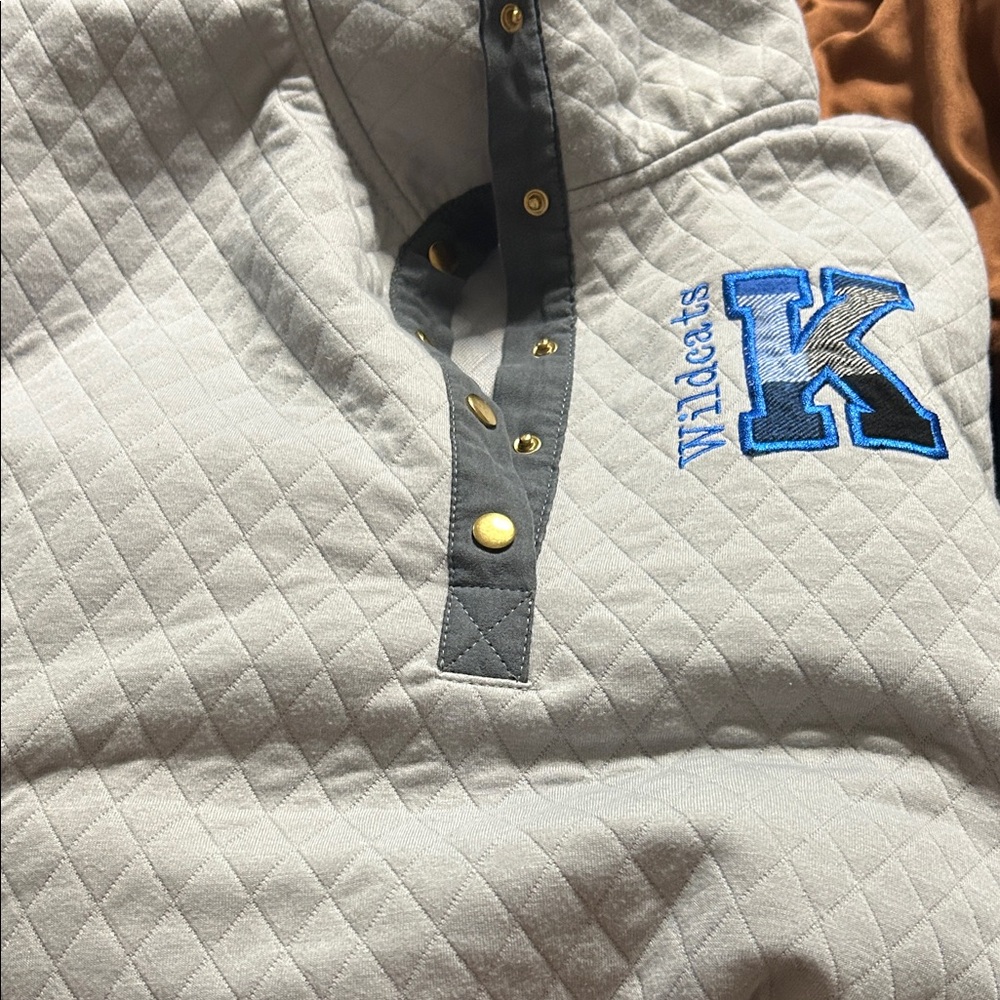 Gray Quilted Pullover with Blue Embroidery uk top it off brand